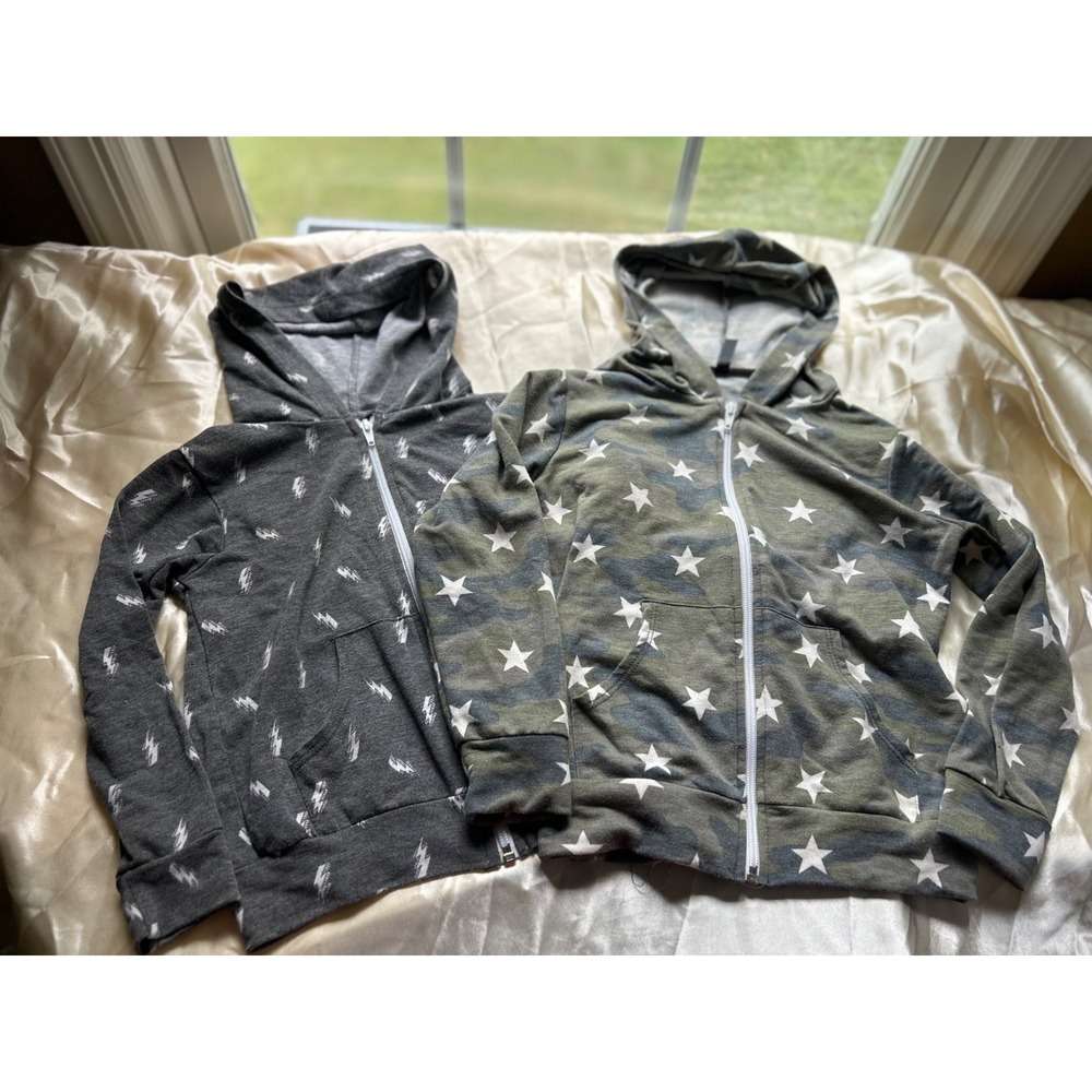 Lot of 2 Pixie Lane Hoodie LIghtning Bolt Stars Green Gray Camo Sz 4/5 EUC